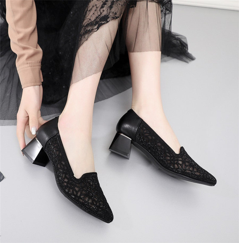 Thick Heel Pointed Toe Leather Fashion Women's Shoes Gauze Rhinestone Women's Single Shoes