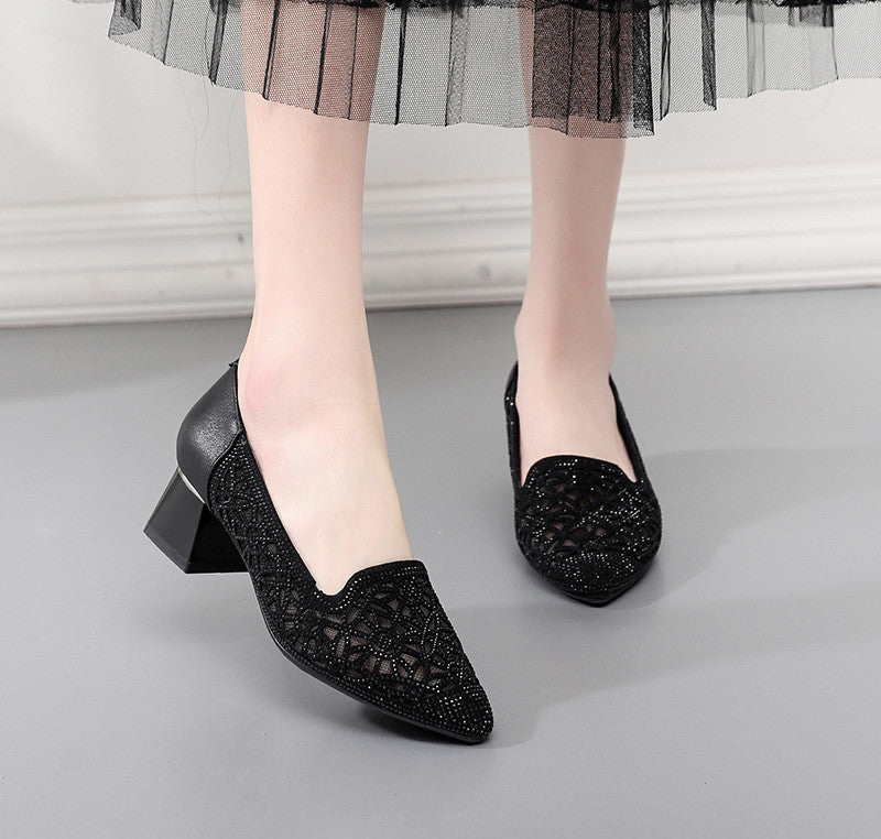 Thick Heel Pointed Toe Leather Fashion Women's Shoes Gauze Rhinestone Women's Single Shoes