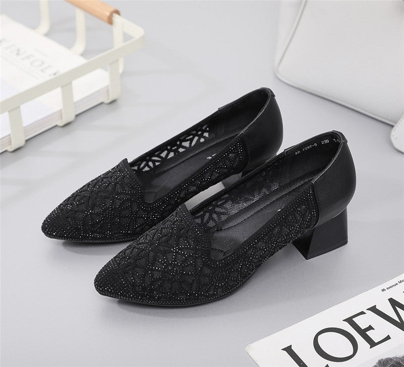 Thick Heel Pointed Toe Leather Fashion Women's Shoes Gauze Rhinestone Women's Single Shoes