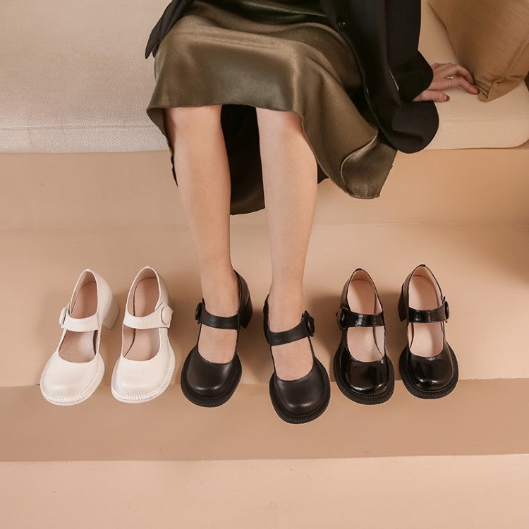 Korean Version Of Patent Leather Single Toe Layer Cowhide Round Toe Buckle Thick Heel Mid-Heel Pumps
