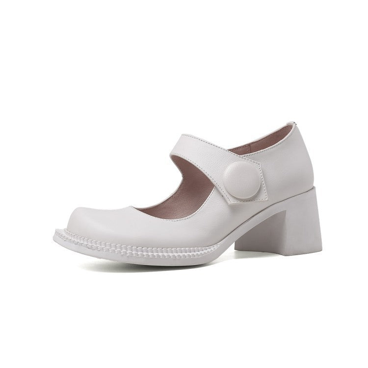 Korean Version Of Patent Leather Single Toe Layer Cowhide Round Toe Buckle Thick Heel Mid-Heel Pumps
