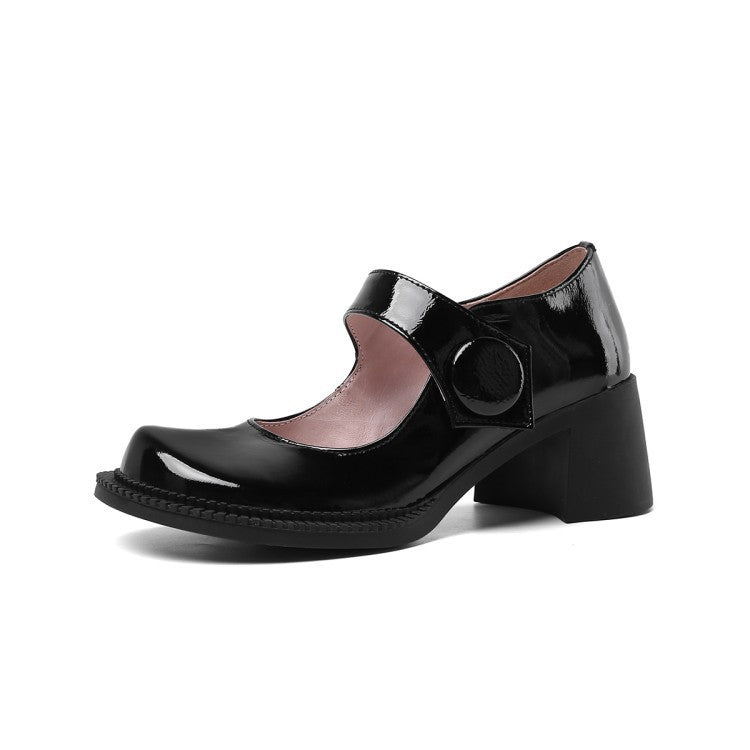 Korean Version Of Patent Leather Single Toe Layer Cowhide Round Toe Buckle Thick Heel Mid-Heel Pumps
