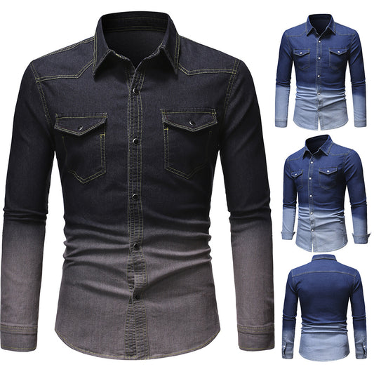 Mænds Nye Denim Langærmede Skjorte Gradient Denim Tøj