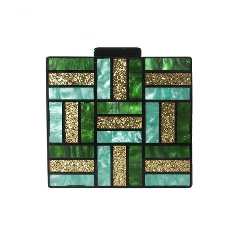 New One-Shoulder Diagonal Bag Green Stitching Square Acrylic Bag Fashion All-Match Wedding Dinner Clutch