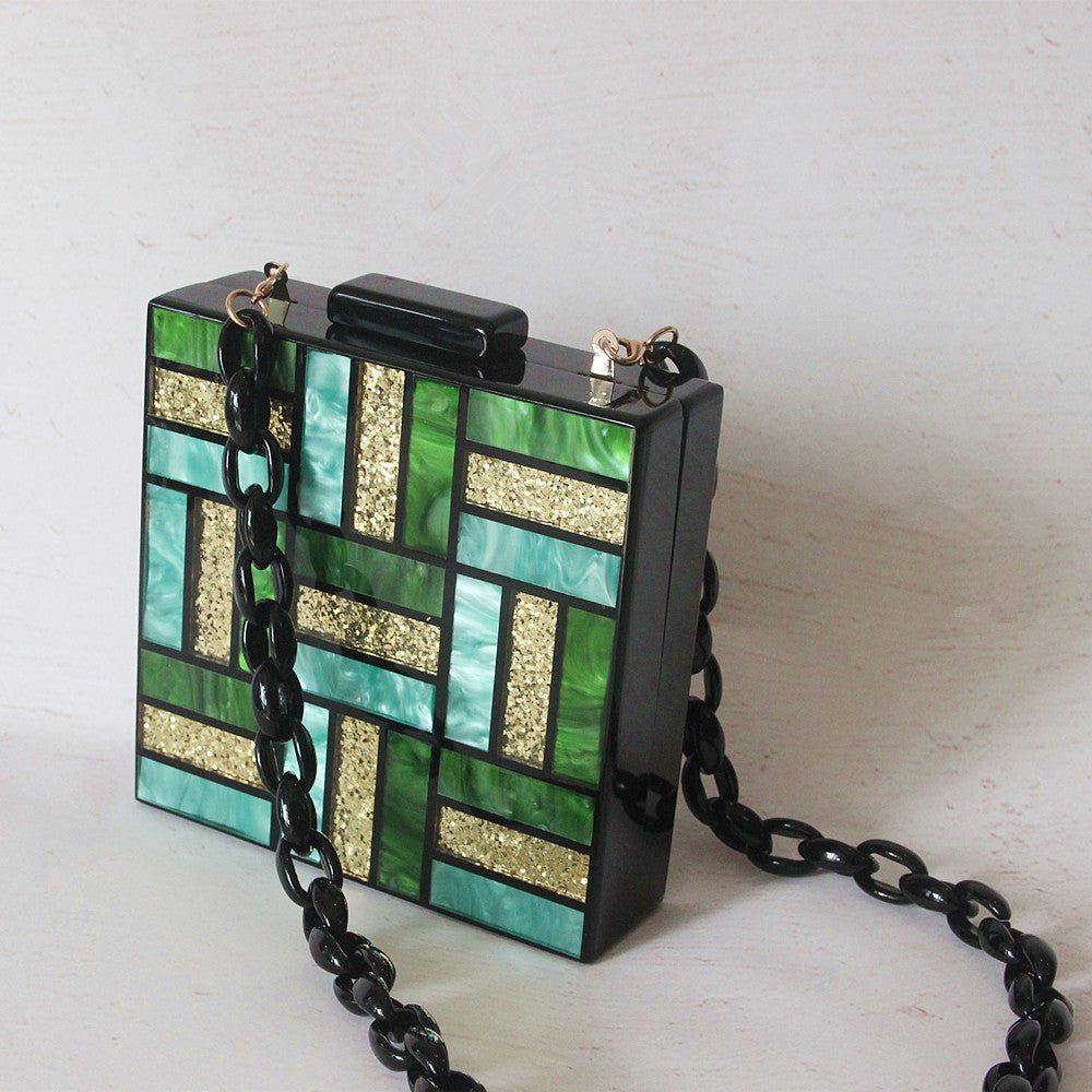 New One-Shoulder Diagonal Bag Green Stitching Square Acrylic Bag Fashion All-Match Wedding Dinner Clutch