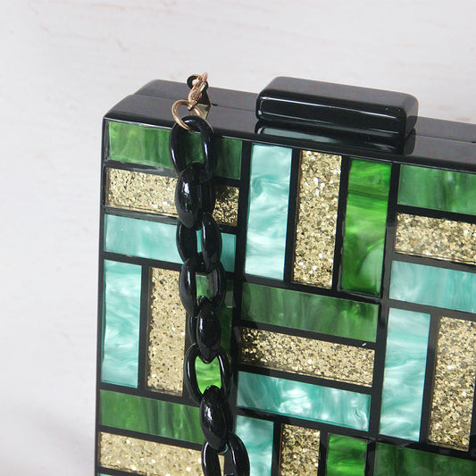 New One-Shoulder Diagonal Bag Green Stitching Square Acrylic Bag Fashion All-Match Wedding Dinner Clutch