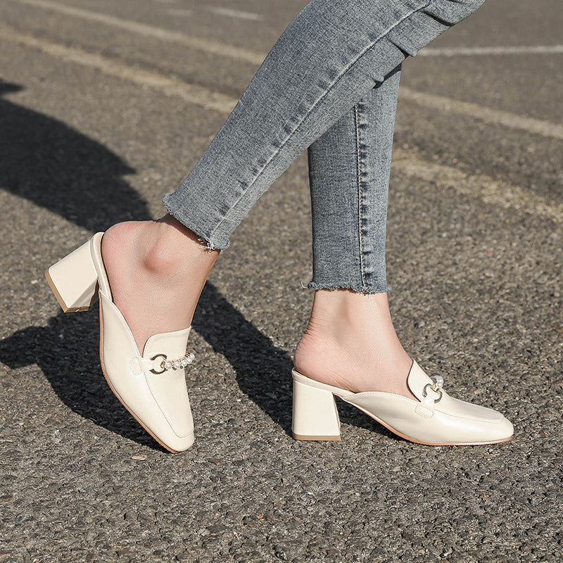 Summer New Net Celebrity No Heel Lazy Thick Heel High Heel Baotou Half Slippers Female Outer Wear Half Support Single Shoes Women