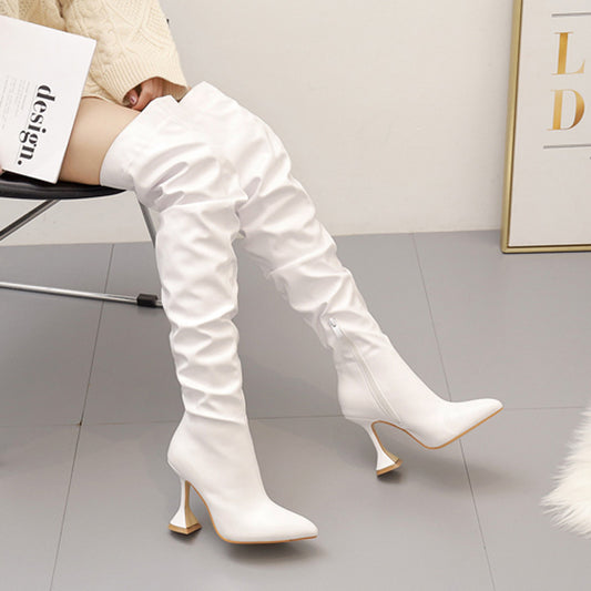 New Large Zize Foreign Trade High-heeled Over-the-knee Boots Women's Straight And Thin White Boots