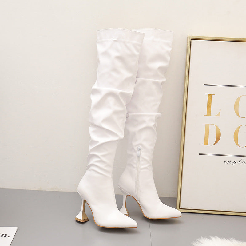 New Large Zize Foreign Trade High-heeled Over-the-knee Boots Women's Straight And Thin White Boots