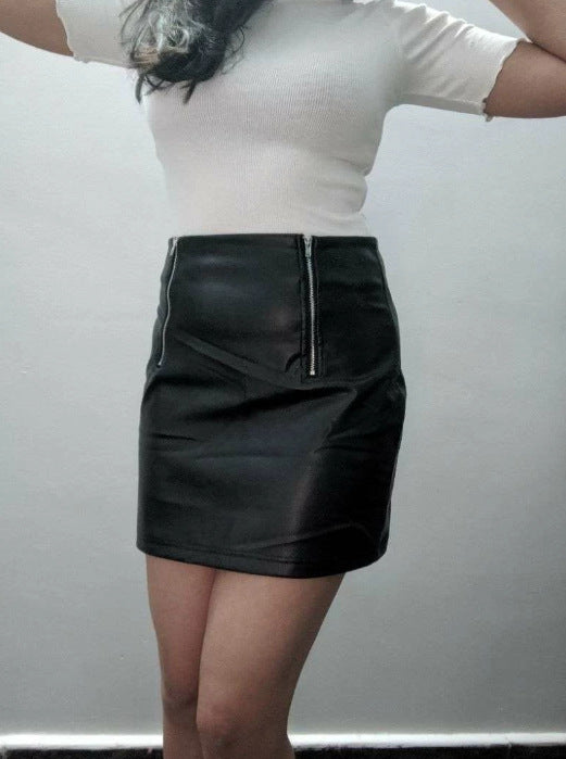 Double Zipper A-line Short Skirt Women Fashion Sexy Buttocks Classic Black PU