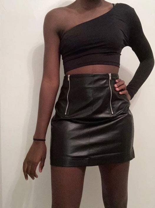 Double Zipper A-line Short Skirt Women Fashion Sexy Buttocks Classic Black PU