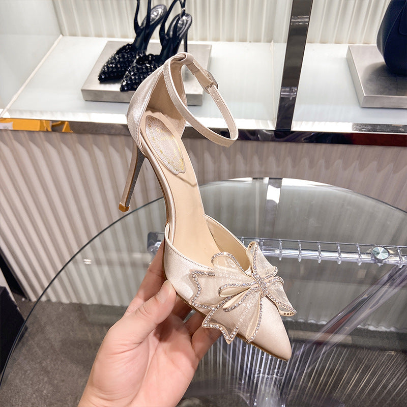 Summer Sandals Women's New Wild Pointed Fairy Bow Hollow Baotou Rhinestone Stiletto Stilettos High Heels