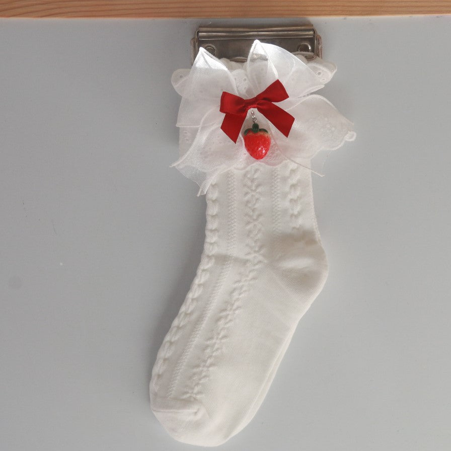 Japanese Strawberry Tube Socks Lolita Mesh Summer Cotton Socks Cute Girl Lace Socks