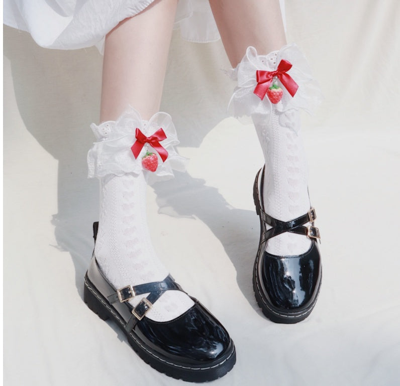 Japanese Strawberry Tube Socks Lolita Mesh Summer Cotton Socks Cute Girl Lace Socks