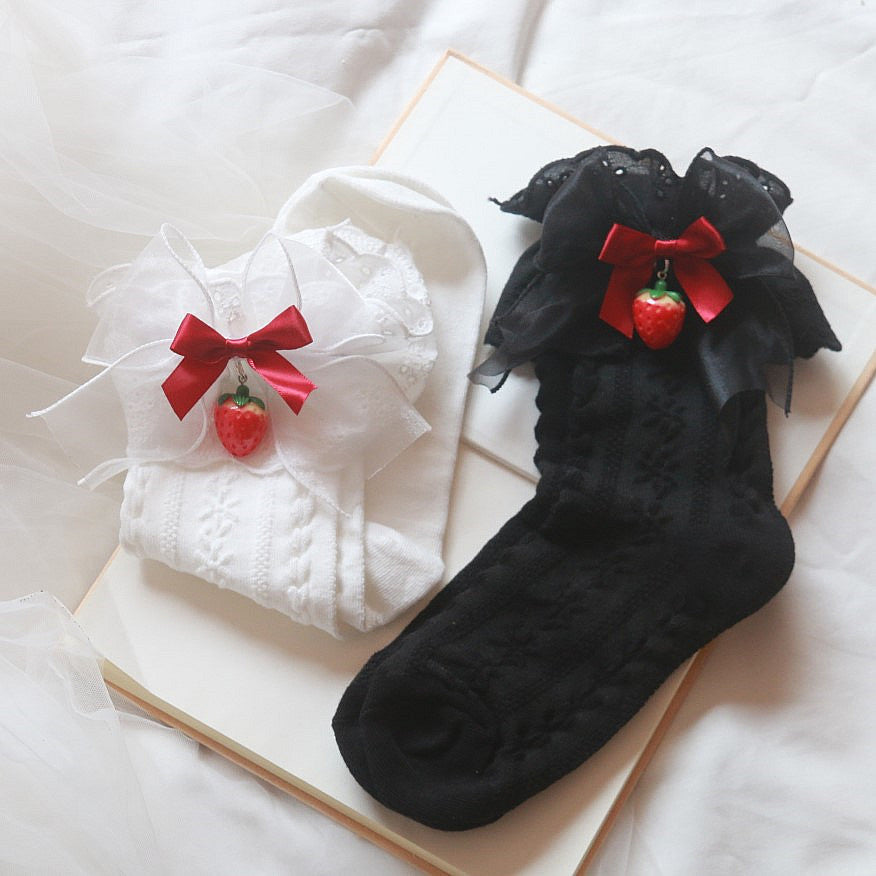 Japanese Strawberry Tube Socks Lolita Mesh Summer Cotton Socks Cute Girl Lace Socks