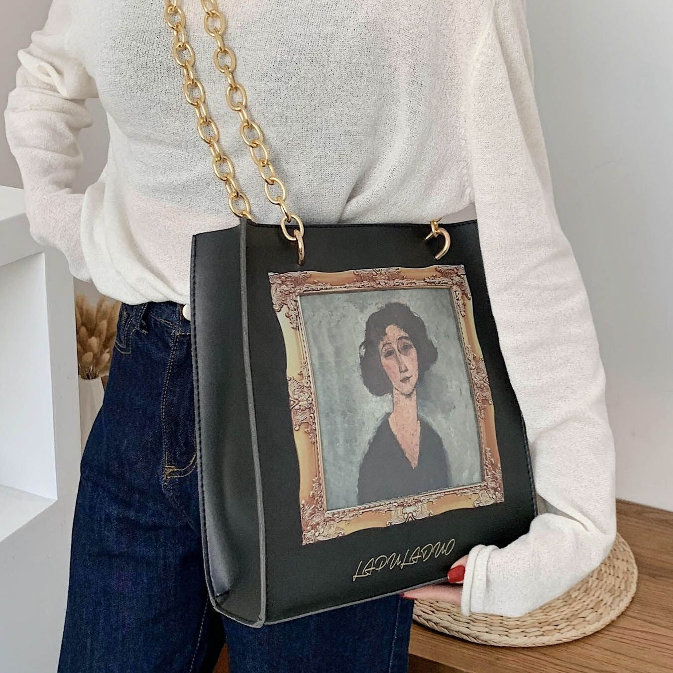 Painting Oil Painting Girl Literary Retro Large-Capacity Chain Bag