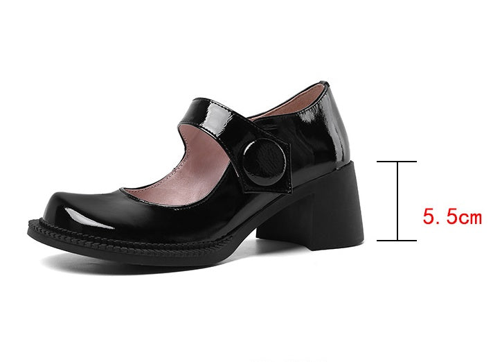 Korean Version Of Patent Leather Single Toe Layer Cowhide Round Toe Buckle Thick Heel Mid-Heel Pumps