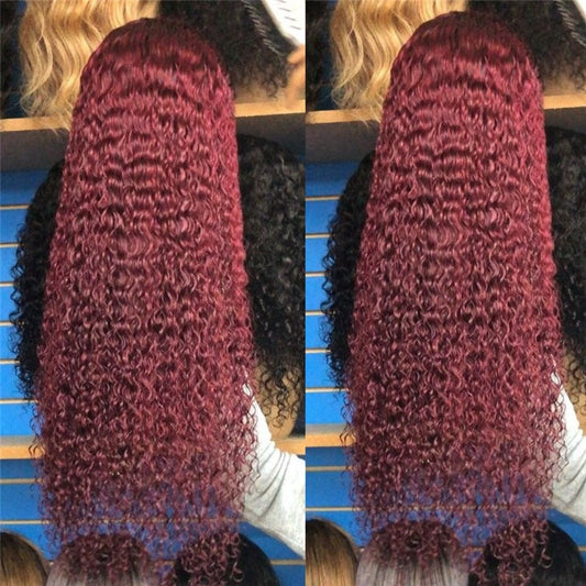 Mid-section Red Burgundy Wavy Long Curly Hair Wig Set