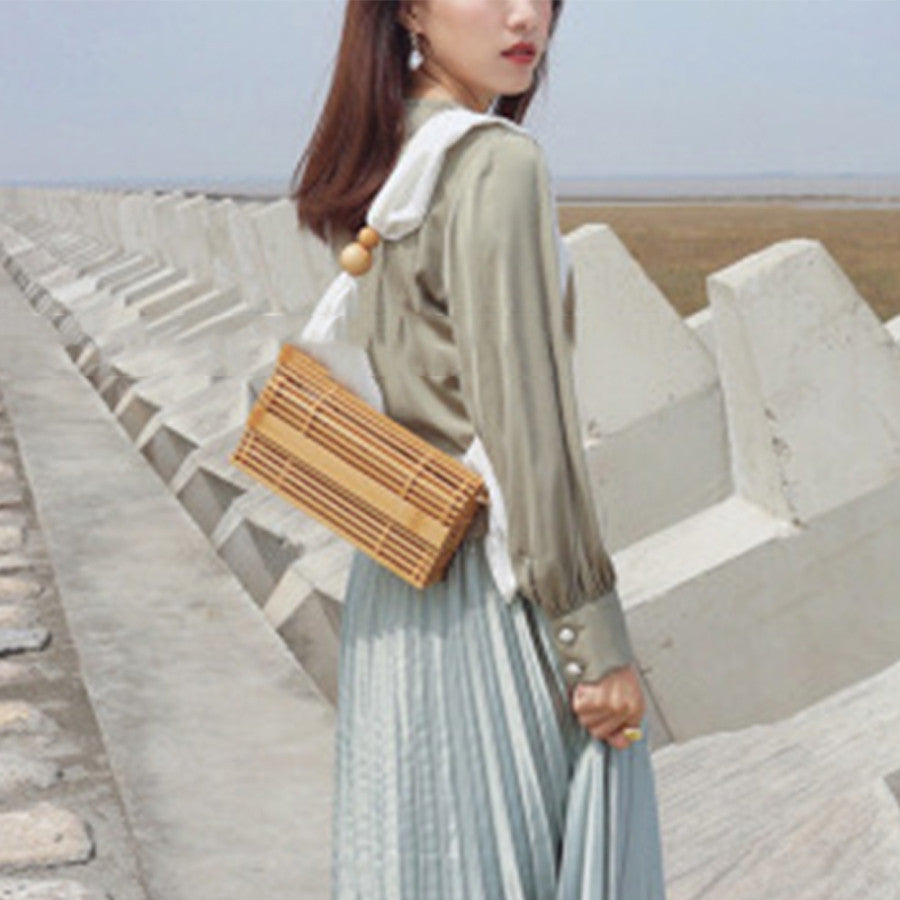 Antique New Ins Rattan Woven Bag Light Luxury Woven Bag Straw Woven Bag Vacation Portable Shoulder Bag Bamboo Basket Bag Female