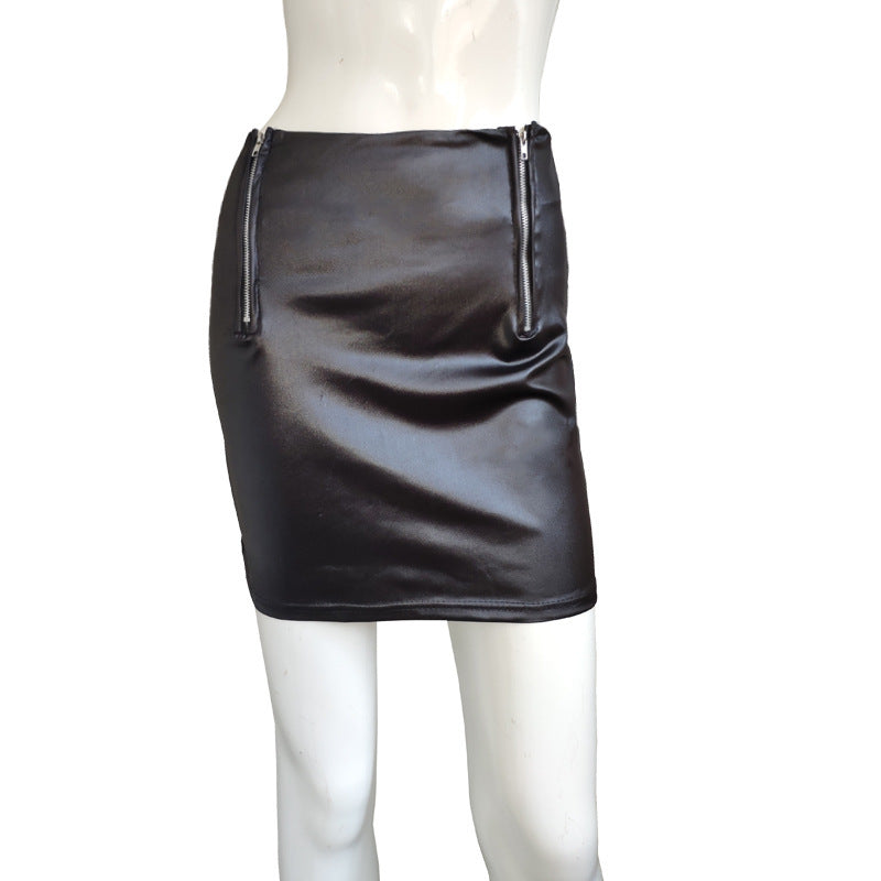 Double Zipper A-line Short Skirt Women Fashion Sexy Buttocks Classic Black PU