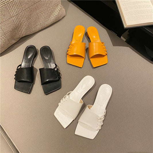 Outer Wear Woven Hollow Square Toe Open-toe Thick Heel Slippers