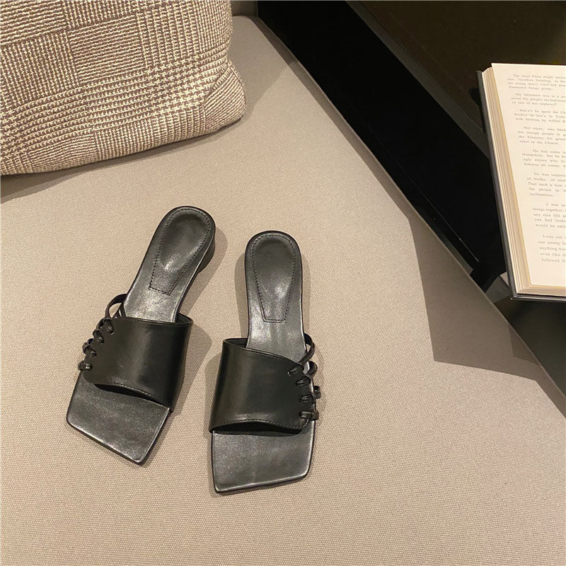 Outer Wear Woven Hollow Square Toe Open-toe Thick Heel Slippers