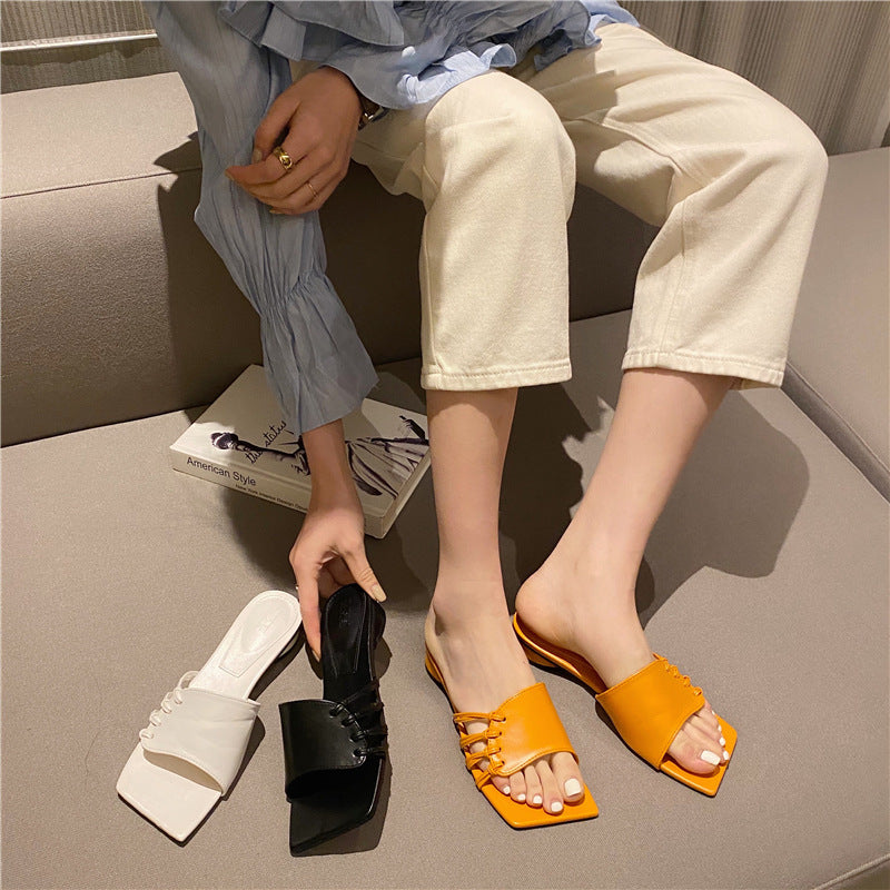 Outer Wear Woven Hollow Square Toe Open-toe Thick Heel Slippers
