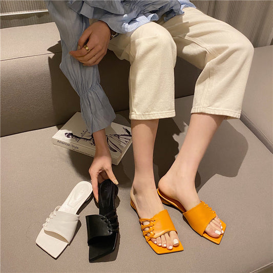 Outer Wear Woven Hollow Square Toe Open-toe Thick Heel Slippers