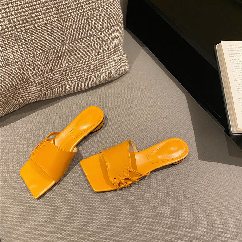 Outer Wear Woven Hollow Square Toe Open-toe Thick Heel Slippers