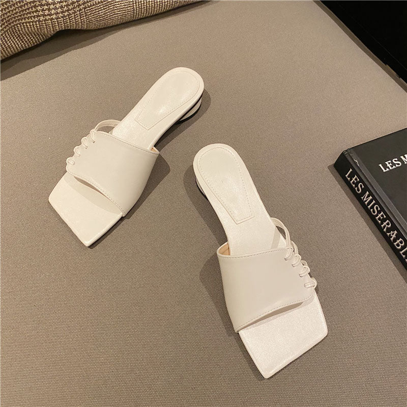 Outer Wear Woven Hollow Square Toe Open-toe Thick Heel Slippers