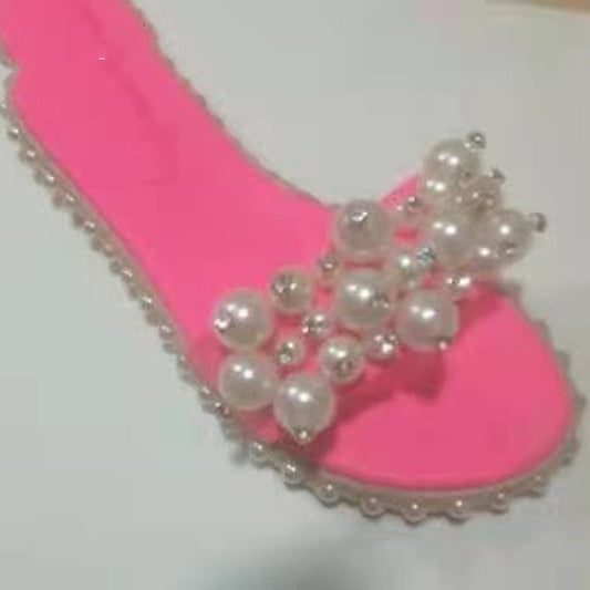Cross-Border Foreign Trade Ladies Slippers 21 Summer New Style Flip Flops European And American Pearl Fashion Sandals Flat Large Size Shoes
