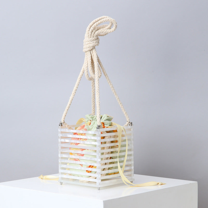 Hand Twisted Bag Beach Hand Knitted Cage Dinner Bag Drawstring Strap Detachable Hollow Diagonal Bag