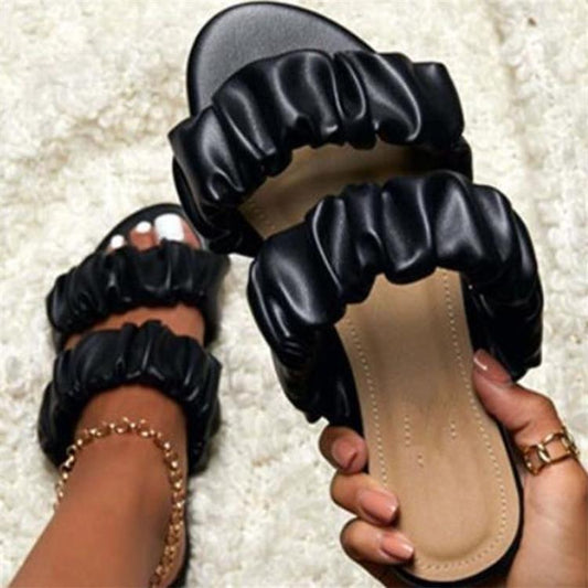 Faux Leather Folds One-word Women's Fashion Slippers