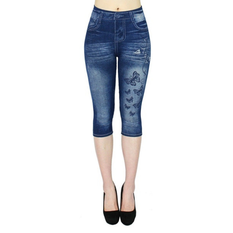 Imitation Denim Leggings Cropped Trousers