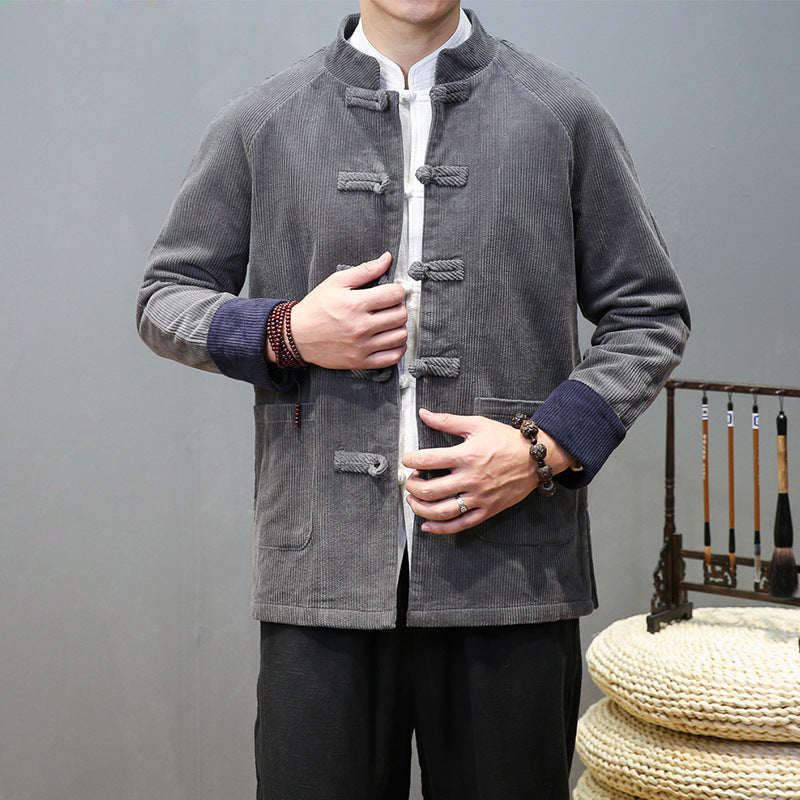 Tang Suit Men's Corduroy Stand Collar Buckle Chinese Tunic Suit