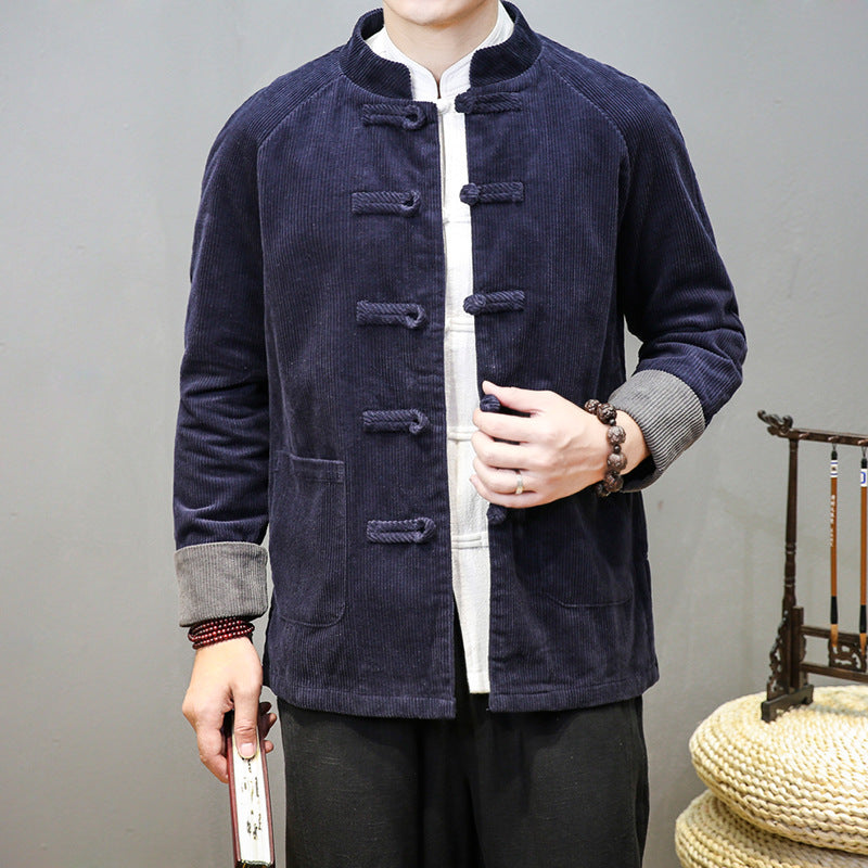 Tang Suit Men's Corduroy Stand Collar Buckle Chinese Tunic Suit