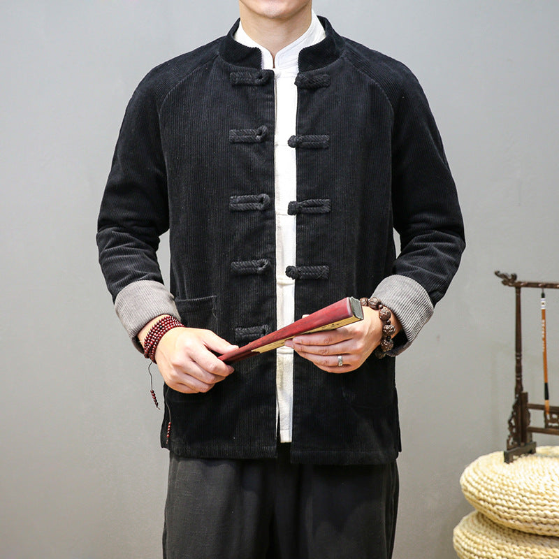 Tang Suit Men's Corduroy Stand Collar Buckle Chinese Tunic Suit