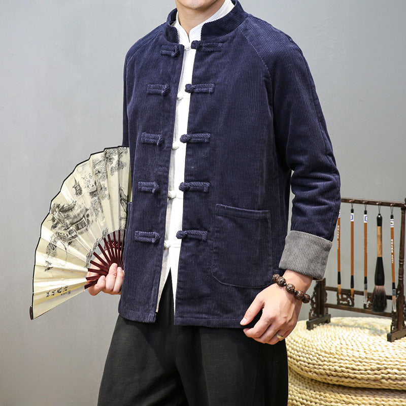 Tang Suit Men's Corduroy Stand Collar Buckle Chinese Tunic Suit