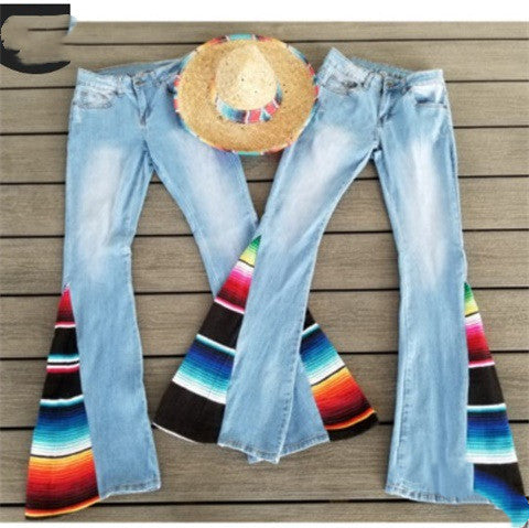 Sexy Buttocks Slim Low-waisted Simple Solid Color Frosted White Color Matching Stitching Design Flared Jeans