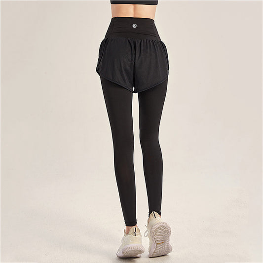 Women's Yoga Pants Fitness Sports Fake Two-piece Tights Yoga Mat Running Outdoor Nine-point Pants