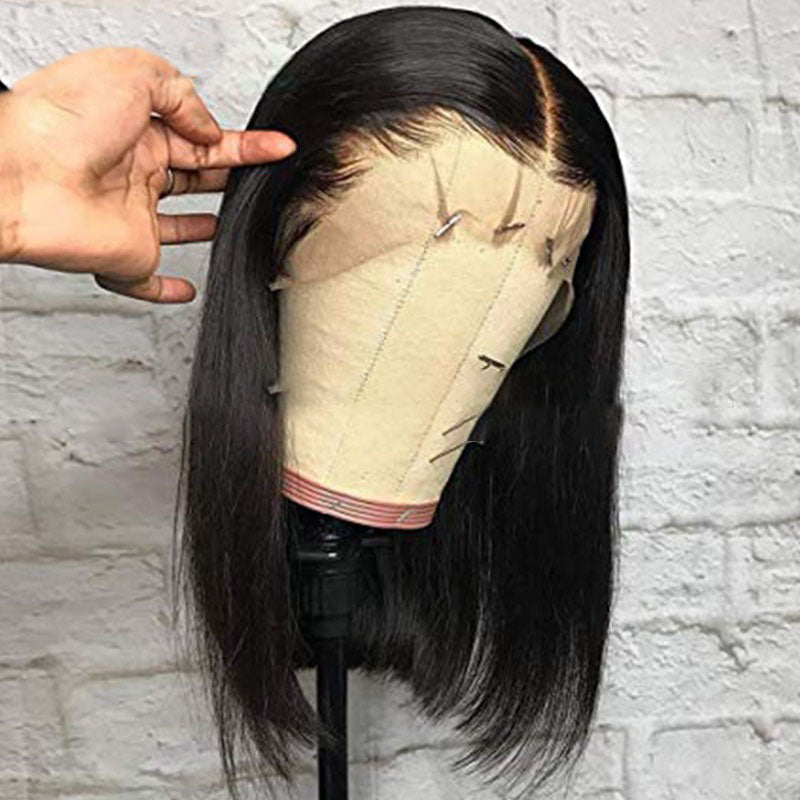 Paryk europæisk og amerikansk paryk sort kort glat hår front blonde kemisk fiber damehovedbeklædning T-blonde spotparyk