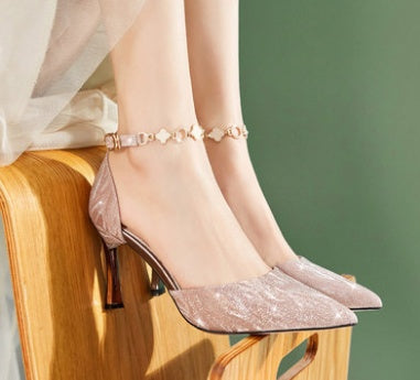 French High Heels Female 2 Pointed Stiletto Net Red Girl Crystal Bridesmaid Wedding Shoes