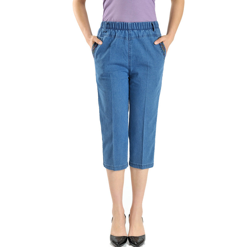 Stretch Thin Pants Elastic Waist Copped Trousers Shorts