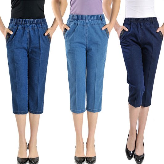 Stretch Thin Pants Elastic Waist Copped Trousers Shorts