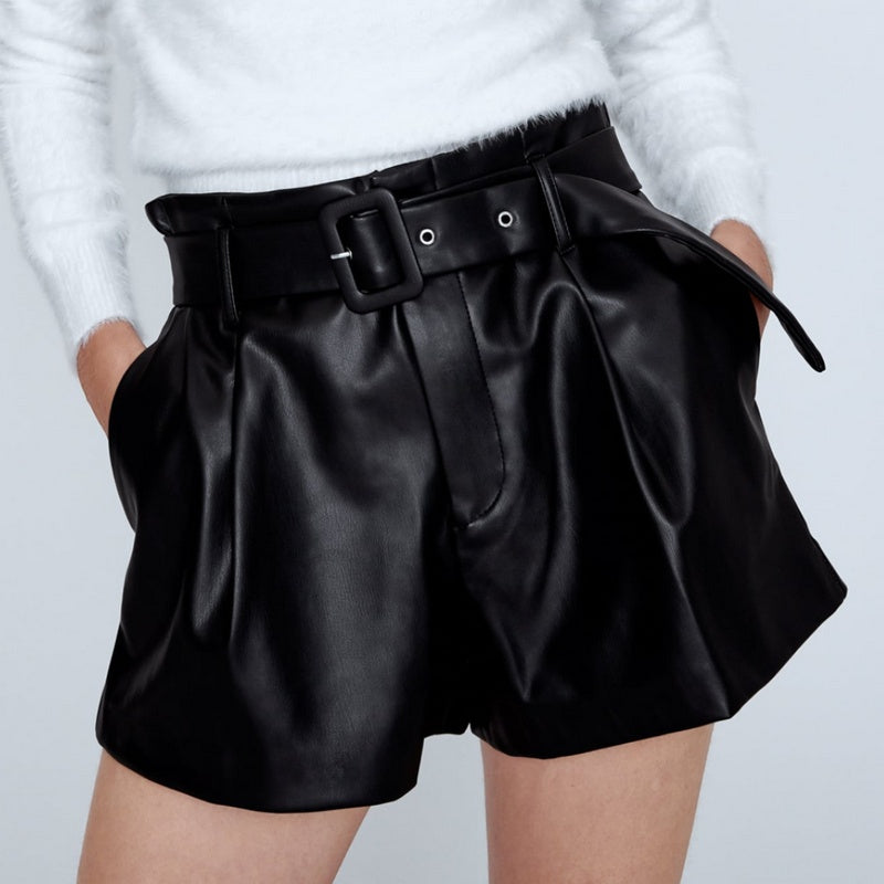 European And American Style High-waist Leather Pants Faux Leather Bermuda Shorts