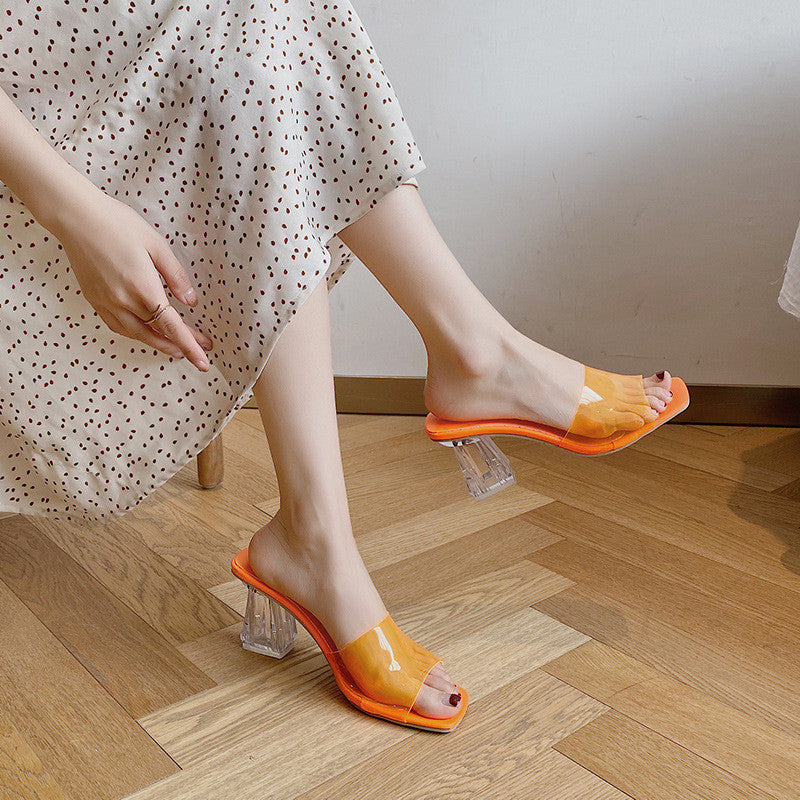 Transparent Crystal Candy Shoes Chunky Heel Large Size Outer Wear