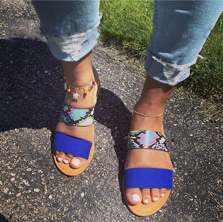 Summer New Style Sponge Cake Bottom Pu Female Color-Blocking Flat-Heeled Large Size Slippers