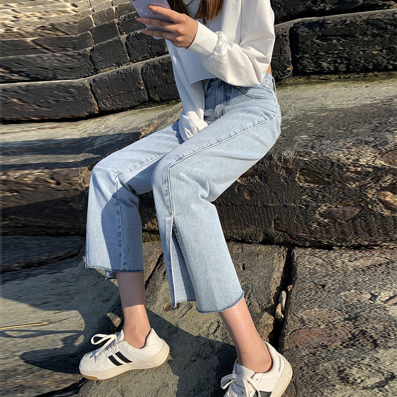 High-Waisted Wide-Leg Split Jeans Women's Straight Loose Loose Spring And Autumn Summer New MM Was Thin Split Trousers Urban Tide