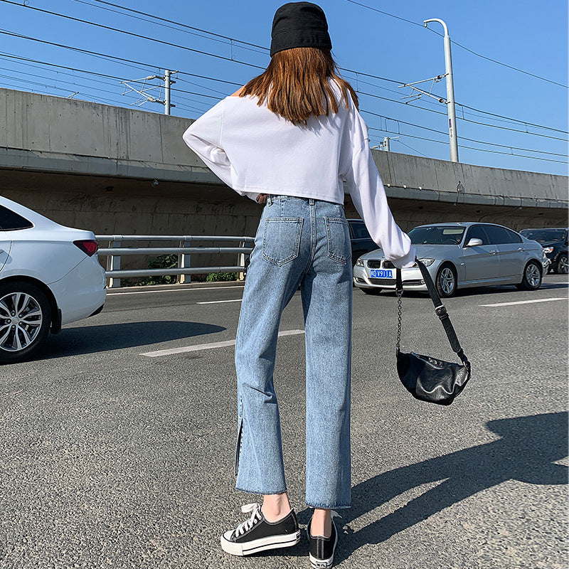 High-Waisted Wide-Leg Split Jeans Women's Straight Loose Loose Spring And Autumn Summer New MM Was Thin Split Trousers Urban Tide
