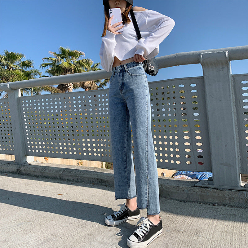 High-Waisted Wide-Leg Split Jeans Women's Straight Loose Loose Spring And Autumn Summer New MM Was Thin Split Trousers Urban Tide